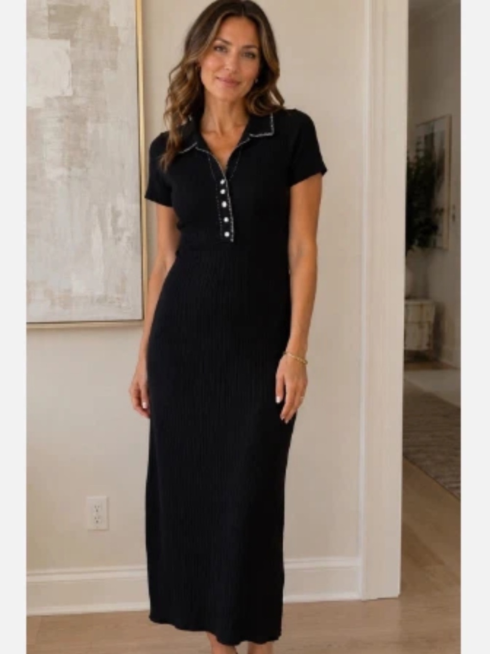 Caroline Constas Black Ribbed Midi Dress - size Small